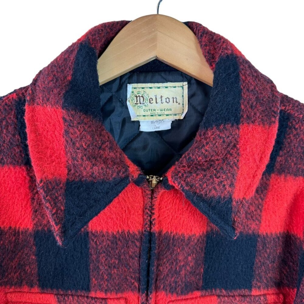 Vintage Melton Buffalo Plaid Wool Jacket Red Black Zip Hunting Coat Men’s L - Picture 3 of 6